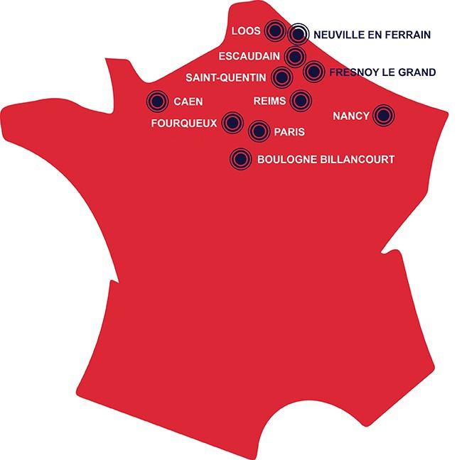 Fourqueux (78), Boulogne Billancourt (92), Paris (8ème), Caen (14), Escaudain (59), Loos (59), Neuville en Ferrain (59), Fresnoy le Grand (02) et Saint Quentin (02).
